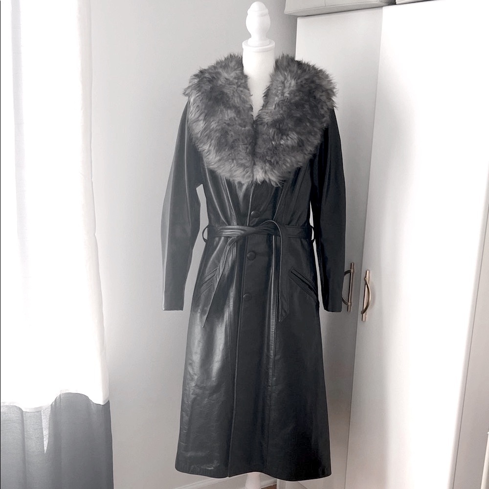 70s Leather Trench Coat with Faux Fur Collar